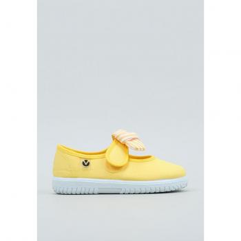 MERCEDITA VICTORIA AMARILLO - Zapato infantil tipo mercedita, color amarillo, con diseño de pañuelo a rayas, talla 26