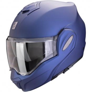 Scorpion Casco Modular EXO-TECH EVO PRO Azul Mate - Casco modular, color azul mate, diseño aerodinámico, sistema de ventilación avanzado, visera solar integrada, cierre de doble anillo metálico, interior desmontable