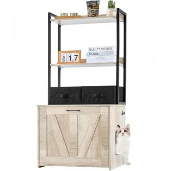 VEVOR Hidden Cat Litter Box Furniture with Storage Shelves and Baskets, Wooden Indoor Cat Washroom Cabinet