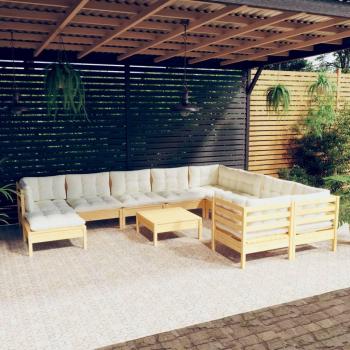 11-Piece Pinewood Garden Lounge Set with Cream Cushions