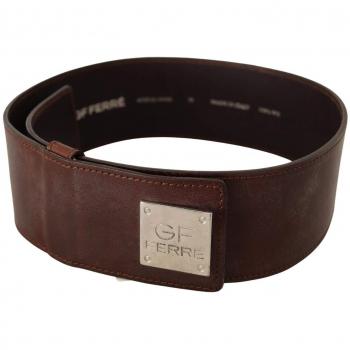 GF Ferre Brown Genuine Leather Wide Logo Buckle Waist Belt - 70 cm / 28 Inches