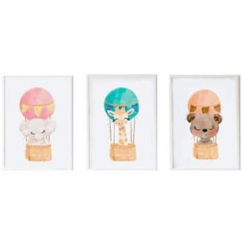Juego de 3 cuadros infantiles Crochetts Multicolor Madera MDF 33 x 43 x 2 cm Elefante Jirafa Oso (3 Piezas)