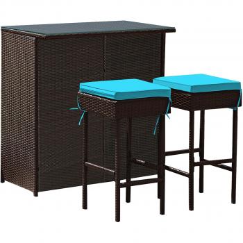 3-Piece Outdoor Rattan Wicker Bar Set with 2 Cushion Stools - Turquoise
