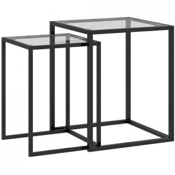 Conjunto de 2 Mesas Auxiliares Cuadradas Apilables con Encimera de Vidrio Templado y Marco de Acero para Salón 33x33x45,5 cm y 42x42x51