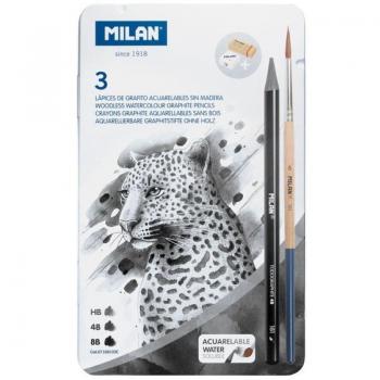 Estuche Metálico MILAN con 3 Lápices de Grafito Acuarelables (HB, 4B, 8B), Sacapuntas Afila, Goma The Master Gum y Pincel - Dimension