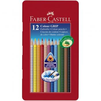 Faber Castell 112413 - Estuche de metal con 12 ecolápices triangulares de colores, agarre Grip, acuarelables, lápices escolares, multicolor