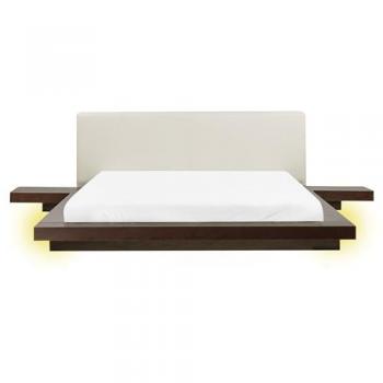 Cama King Size Moderna con LED, Mesitas de Noche y Cabecero de Piel Sintética en MDF Madera Oscura 160 x 200 cm Zen