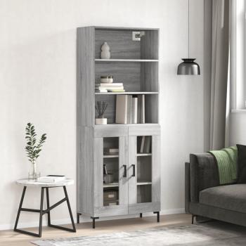 Aparador alto de madera contrachapada gris sonoma 69,5x34x180 cm con 2 puertas de cristal, mueble de almacenaje para salón, buffet y armario auxiliar