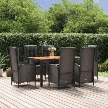 7-Piece Black Poly Rattan Garden Dining Set with Cushions
