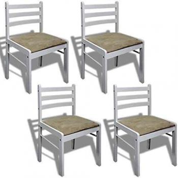 Set of 4 White Dining Chairs in Solid Rubber Wood and Velvet