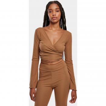Women's Dark Taupe Cropped Ribbed Long Sleeve Sweatshirt