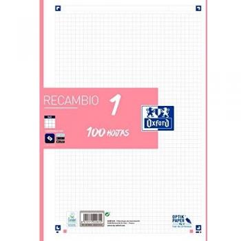 Oxford, Hojas Cuadriculadas A4 Recambio Archivador, 100 Hojas, Cuadrícula 5x5. Banda Color Rosa Pastel