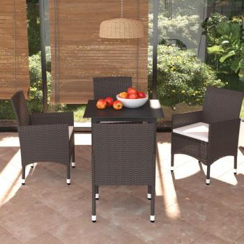 5-Piece Brown Poly Rattan Garden Dining Set with Cushions