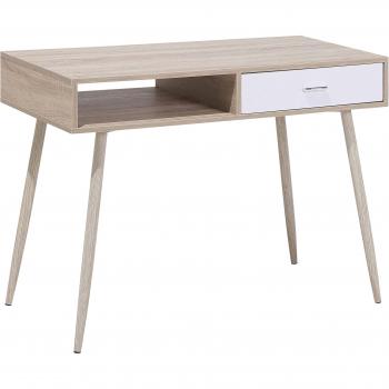 Escritorio de oficina escandinavo Deora, madera clara con cajonera blanca, dimensiones 100 x 48 cm