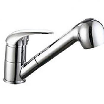 Grifo monomando de fregadero con caño horizontal con ducha extraíble. Incluye set de fijación y dos latiguillos de 35 cm cada uno. Cartucho cerámico de 40 mm, manetas de zinc y cuerpo de latón.