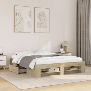 Cama de 150x200 cm en aglomerado Tuna con estructura de madera de ingeniería roble Sonoma, color marrón, sin colchón