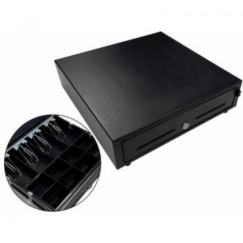 Cajón Portamonedas Metálico Negro 410x415x110mm con 8 Compartimentos para Monedas, 5 Compartimentos para Billetes, Cerradura Manual y Llave
