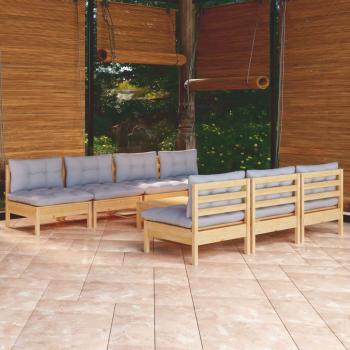 Juego de muebles de jardín 8 piezas con cojines, fabricado en madera de pino gris