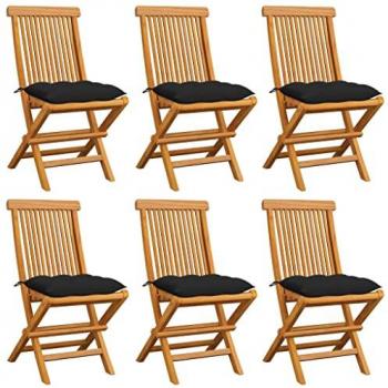 Solid Teak Garden Chairs Set with Black Cushions - 6 Pieces