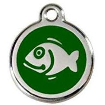 Placa de Identificación para Gato en Forma de Pez Verde - Acero Inoxidable Personalizable, Tamaño Pequeño (Diámetro 2 cm)