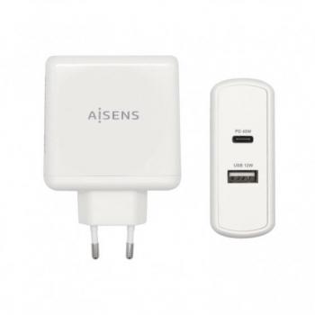 Aisens Cargador de Pared 57W con 1x USB-C Power Delivery 3.0 de 45W y 1x USB-A de 5V/2.4A de 12W en Color Blanco