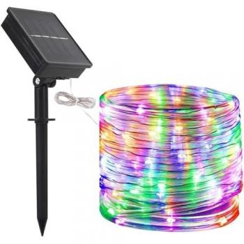 Tira de Luces LED Solares Impermeables Multicolor de 7 Metros con Manguera de Luz y Panel Solar para Jardín, Patio, Césped y Decoración Navideña