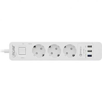 Regleta de enchufes 3 tomas con USB QuickCharge y protección contra sobrecargas, 1.5m, blanca