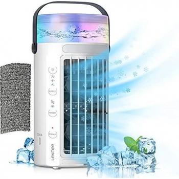Lexmee Aire Acondicionado Portátil Silencioso, 5 en 1 Mini Enfriador de Aire, 450ML Móvil Ventilador Silencioso Purificador de Humidificador 3 Velocidades, 7 Colores LED para Oficina/Hogar/Cámping