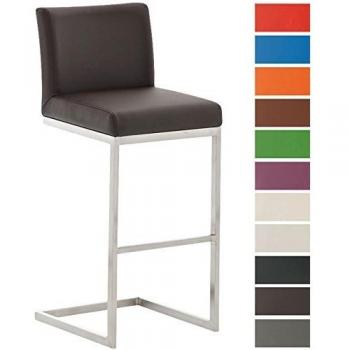 Taburete de bar Paros en estilo cantiléver marrón con tapizado en cuero sintético, estructura de acero inoxidable, altura de 77 cm, respaldo y reposapiés