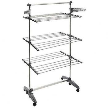 Tendedero Plegable de Inox con 24 m y 4 Ruedas - Gris y Blanco