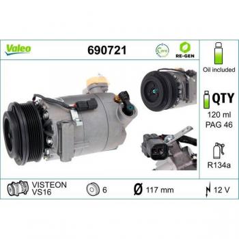 Compresor de Aire Acondicionado VALEO 690721 para Ford C-Max, Focus, Grand Tourneo y Transit