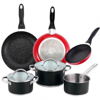 Juego de 3 Sartenes San Ignacio Red&Marble Ø16 cm, Ø20 cm, Ø24 cm con Revestimiento Antiadherente en Mármol y Batería de Cocina de 5 Piezas en Acero