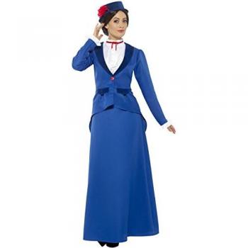 Smiffy's Victorian Nanny Costume - Size M, Blue Dress with Hat and Neck Scarf
