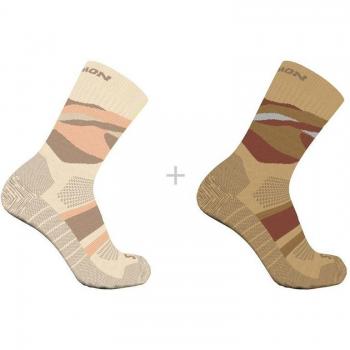 Calcetines de running Salomon Out Alps Crew 2-Pack marrón beige, tipo montaña, talla 42-44, color amarillo y marrón claro