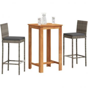 3-Piece Grey Acacia Wood and Poly Rattan Garden Bar Set