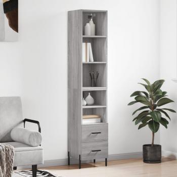 Aparador de madera contrachapada gris Sonoma 34,5x34x180 cm con 2 cajones y 2 estantes, mueble de almacenaje para salón, buffet, armario auxiliar y armario de almacenamiento