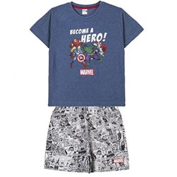 Pijama Infantil de Verano Marvel Gris 10 Años, Manga Corta y Dos Piezas (Camiseta + Pantalón) con Personajes de The Avengers