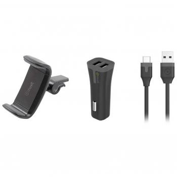Muvit Energy Pack Soporte Coche Universal Salida Aire para Smartphones hasta 6.2 + Cargador Coche USB Dual 2 Puertos 2A Negro + Cable USB Tipo-C 1m