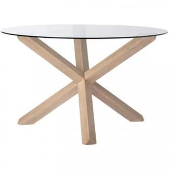 Mesa de Comedor Fija Redonda de Cristal Transparente Ø120 cm con Base de Madera de Abedul