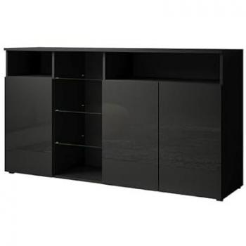 Aparador de salón LED moderno, 150x82x40cm, color negro y blanco brillo, estante de vidrio, modelo Bornova