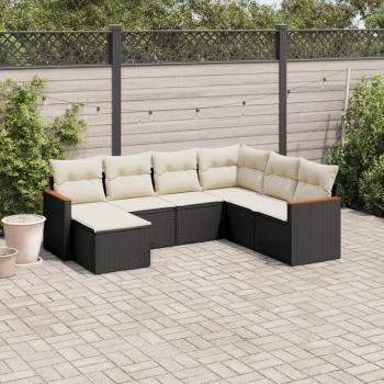 Set de comedor de jardín 7 pzas con cojines en ratán sintético negro