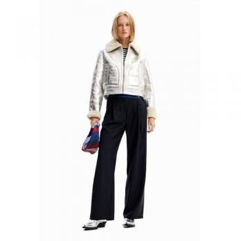 Desigual Women's Silver Faux Leather Jacket Londres Regular Fit