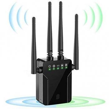 Repetidor WiFi 1200Mbps Amplificador Señal WiFi Banda Dual 2.4GHz y 5GHz Extensor de WiFi Enrutador Inalámbrico Punto Acceso, 4 Antenas, Ap/Repeater/Router/Cliente Modos,Cubra la señal hasta 250m²