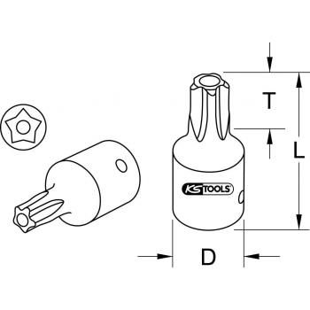 Llave de cubo KS Tools 1/4 con inserto de cinco estrellas y orificio frontal, modelo TS10