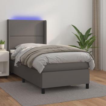 Cama box spring con colchón y LED de cuero sintético gris 100x200 cm