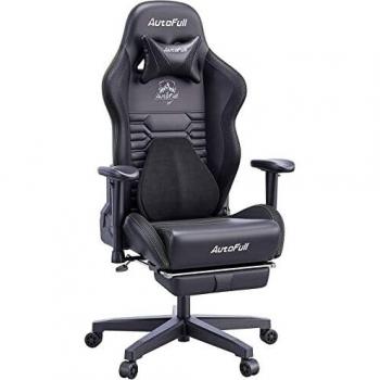 AutoFull Silla Gaming Silla Gamer Ergonómica Silla de Oficina Cuero de PU Silla de Escritorio,Altura e inclinación Ajustables,Reposacabezas y Soporte Lumbar,Reposapiés,Negro
