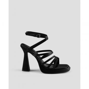 Sandalias de tacón alto en ante vegano negro con tiras y plataforma