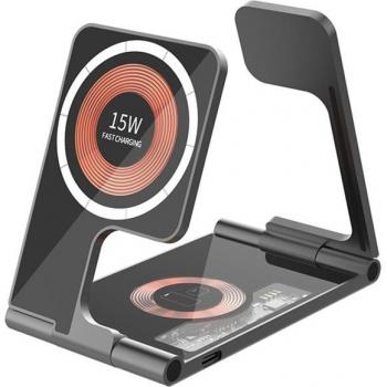 Base de carga plegable 5 en 1 DAM - Cargador Magsafe 15W, Apple Watch y Qi, Stand doble