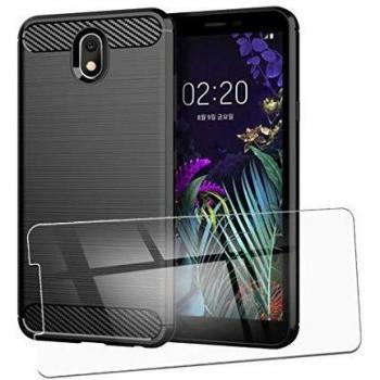QFSM Funda + Cristal Templado para LG K30, Silicona Carcasa TPU Anti-Choque Fibra de Carbono Cover Case, HD Película Protectora Cristal Templado Pantalla Glass