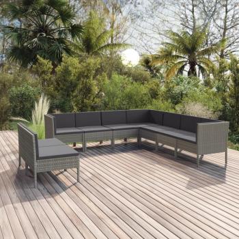 9-Piece Grey Poly Rattan Garden Lounge Set with Cushions